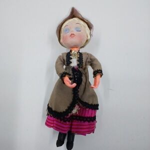 Handmade Cloth Girl Doll Brown Coat Pink Skirt Hat Miniature Figure Decor